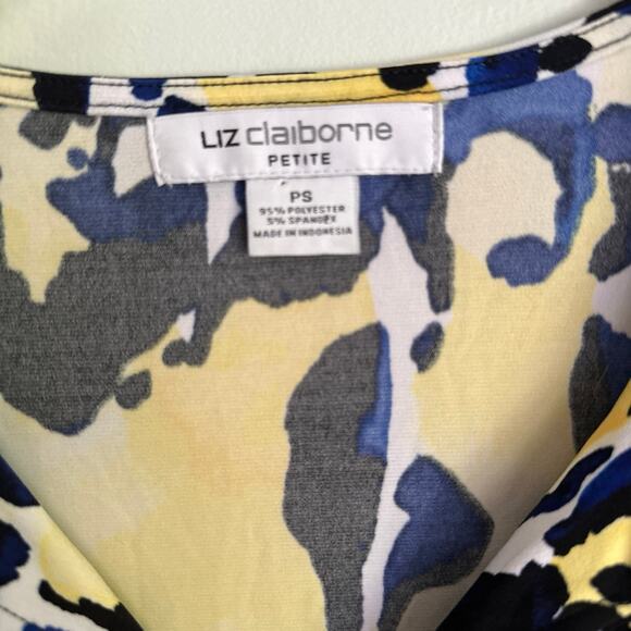 Liz Claiborne Leopard Print Blouse Petite Small, Blue, Yellow, Black - Picture 2 of 6